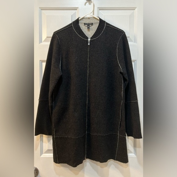 Eileen Fisher Blackwash Merino Wool Jacket Patchwork W Pockets Collarless Sz XS - Picture 1 of 8